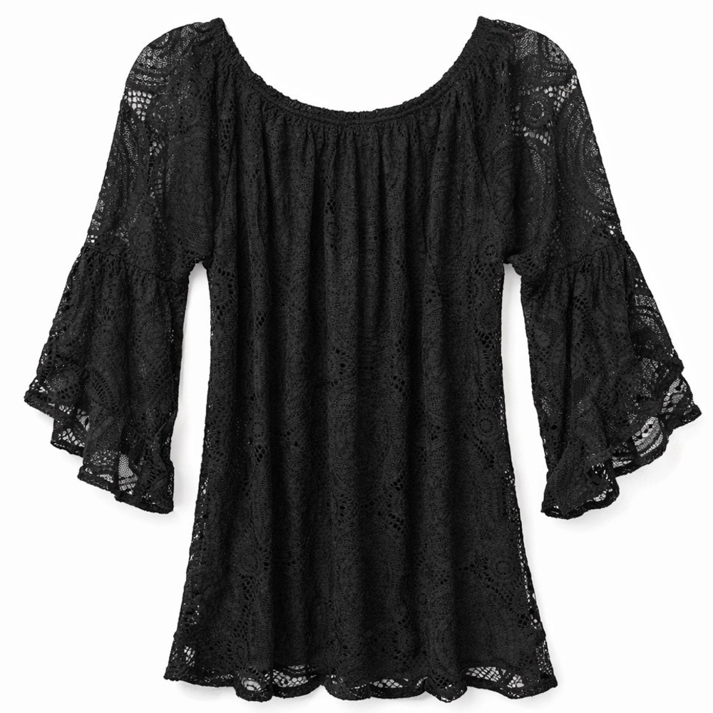 Lildy Full Lace Tunic Black Floral Bell Sleeve Off Shoulder Boho Top NWT L-XL - Picture 2 of 8